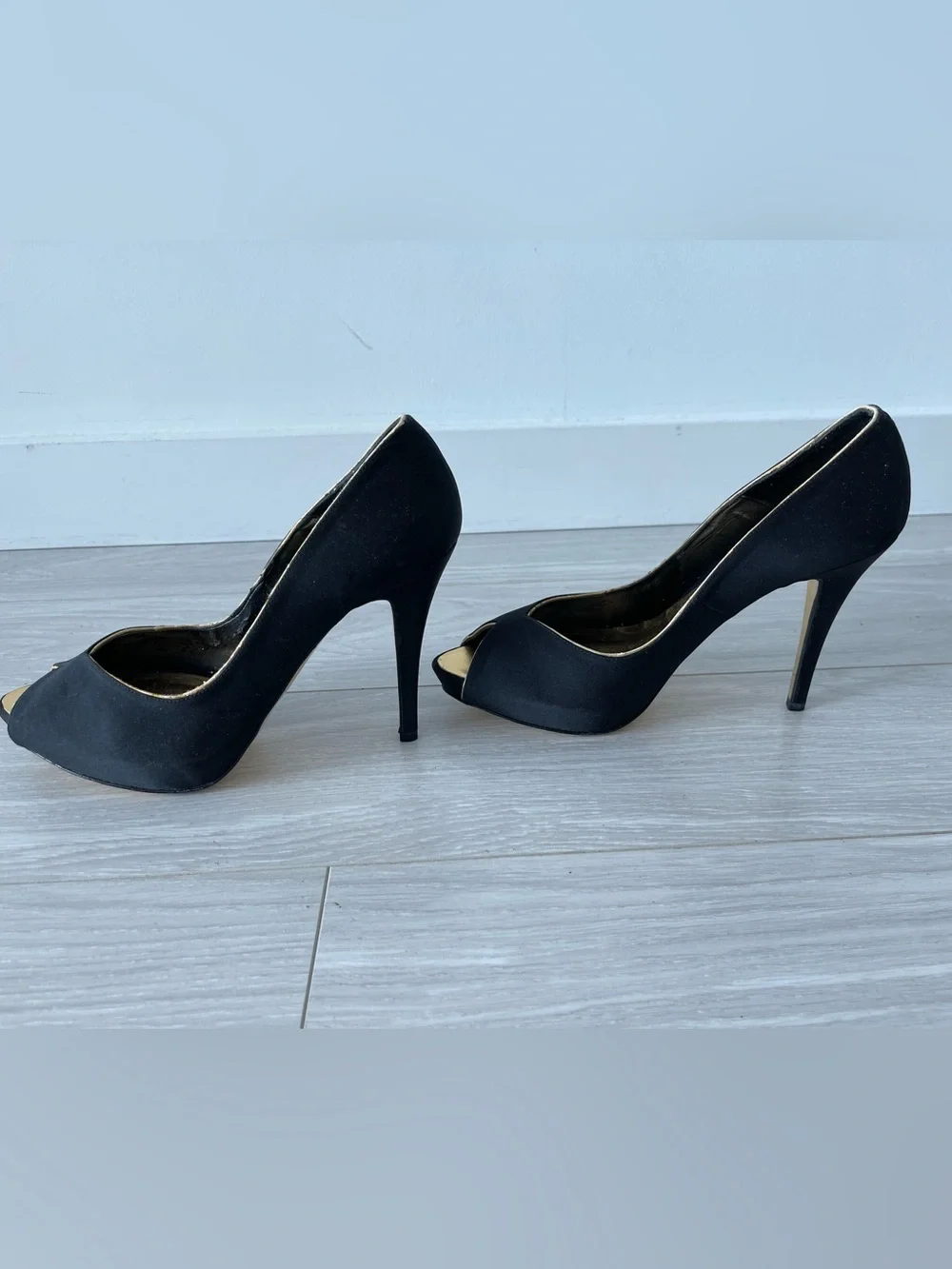 Zara Black Peep-Toe Satin Pumps with Gold Trim Size 40